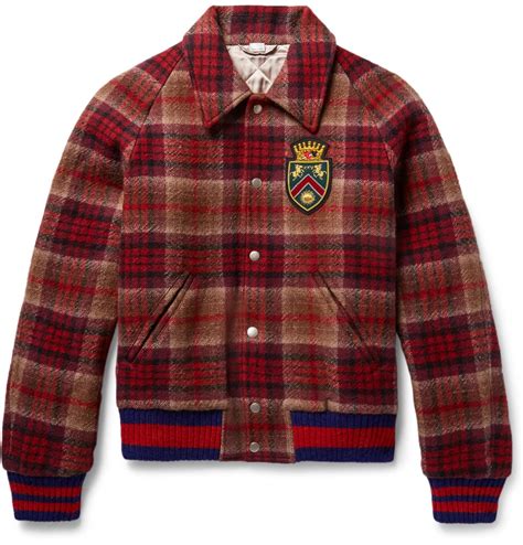 gucci appliquéd checked wool and cotton-blend felt bomber jacket|Gucci Coats and Jackets for Women .